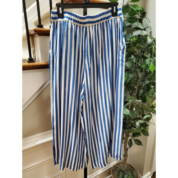 H&M Women's Blue/White Stiped 100% Rayon Mid Rise Wide Legs Dress Pant Size 10 - Picture 7 of 12